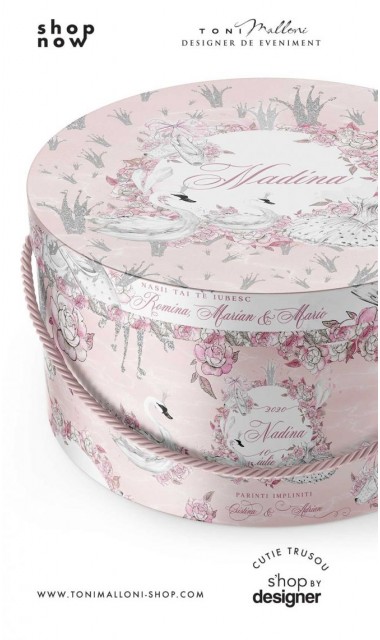 Cutie trusou botez cu lebada alba si glitter argintiu rotunda cu un design modern White Swan 1
